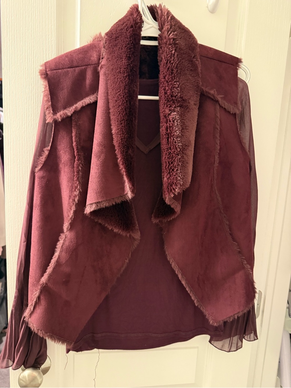 White Women's Shearling Open Front Vest Jacket - Burgundy with gorgeous blouse